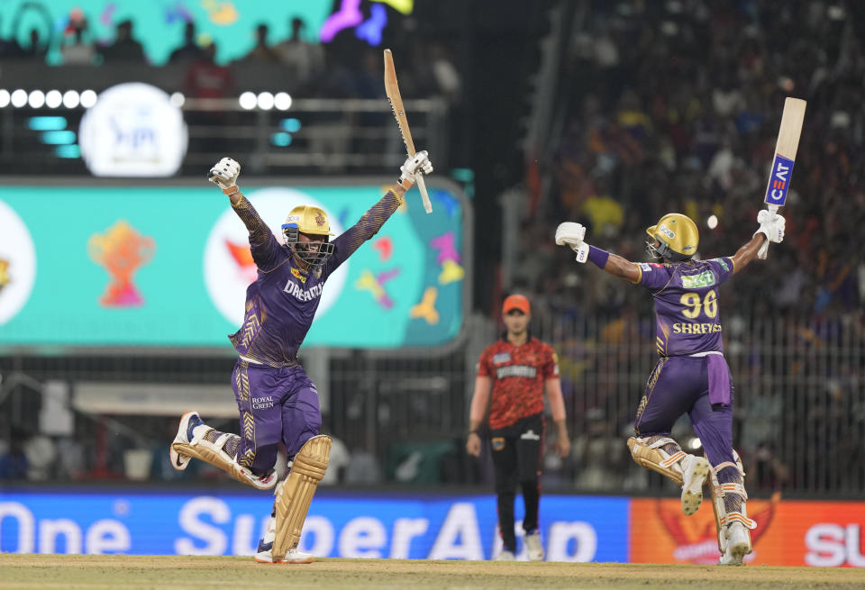 Kolkata Knight Riders' captain Shreyas Iyer , left, with teammate Venkatesh Iyer celebrate after wining against Sunrisers Hyderabad during the Indian Premier League cricket final match in Chennai, India, Sunday, May 26, 2024.(AP Photo/Mahesh Kumar A.)