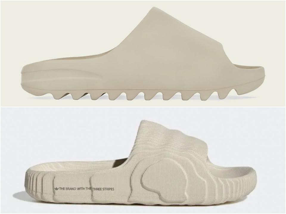 Kanye West’s 2019 Yeezy slides and Adidas’s Adilette 22 (Adidas)