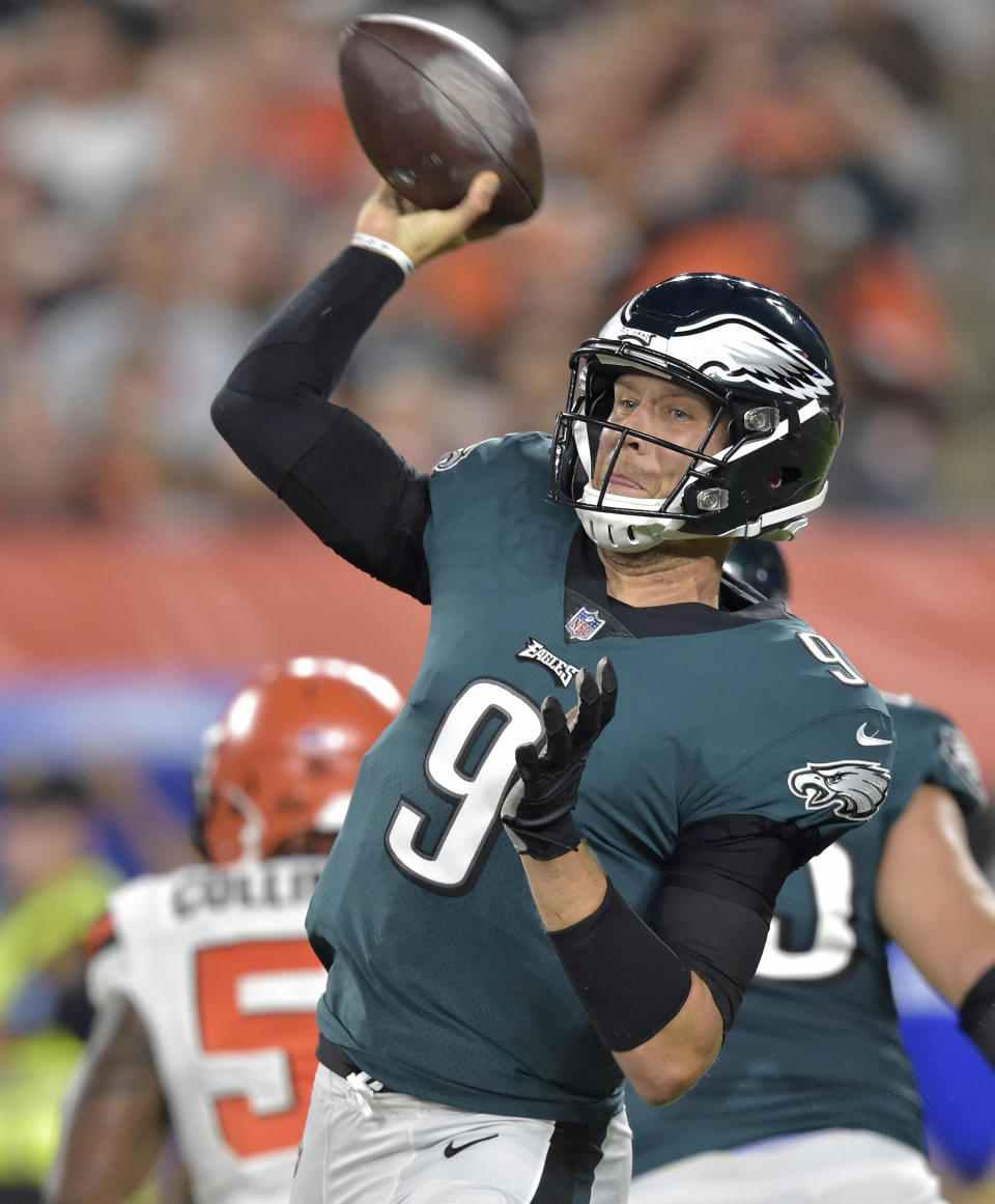 Philadelphia Eagles quarterback Nick Foles throws an interception during the first half of an NFL preseason football game against the Cleveland Browns, Thursday, Aug. 23, 2018, in Cleveland. (AP Photo/David Richard)