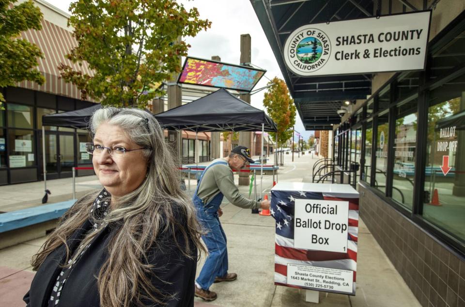 Cathy Darling Allen outside the Shasta County Clerk & Elections office in Redding.