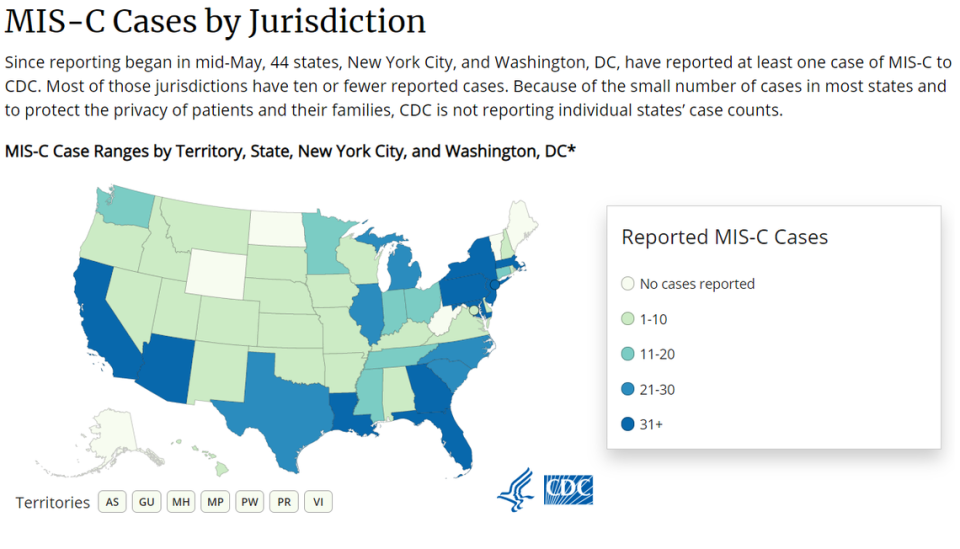 Florida, California, Georgia, New York and New York City, New Jersey, Arizona, Massachusetts, Louisiana, Maryland and Pennsylvania have all reported more than 31 MIS-C cases, according to the Centers for Disease Control and Prevention.