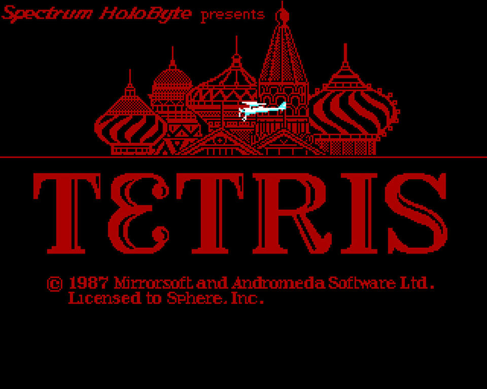 Welcome screen from the MS-DOS version of "Tetris." <cite>Mirrorsoft Ltd.</cite>