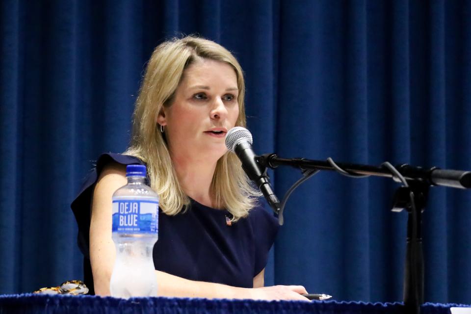 Regan Deering, candidate for the Illinois 13th Congressional District, at an April 13 forum at University of Illinois Springfield.