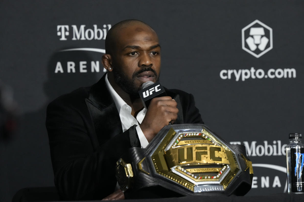 LAS VEGAS, NV - March 5: Jon Jones meets with the media following his win over Cyril Gane at T-Mobile Arena for UFC 285 -Jones vs Gane : Event on March 5, 2023 in Las Vegas, NV, United States.(Photo by Louis Grasse/PxImages/Icon Sportswire via Getty Images)