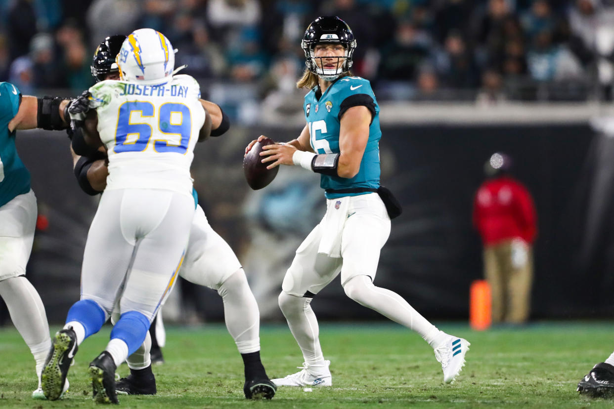 Trevor Lawrence rallied the Jaguars to a huge comeback win over the Chargers. (Photo by Courtney Culbreath/Getty Images)