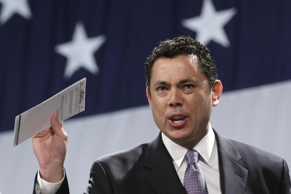 Rep. Jason Chaffetz, R-Utah, speaks during the Utah Republican Party nominating convention Saturday, April 26, 2014, in Sandy, Utah. About 4,000 Republican delegates are gathering in Sandy for their state nominating convention Saturday to pick the party's candidates for four congressional seats and nine legislative races. (AP Photo/Rick Bowmer)
