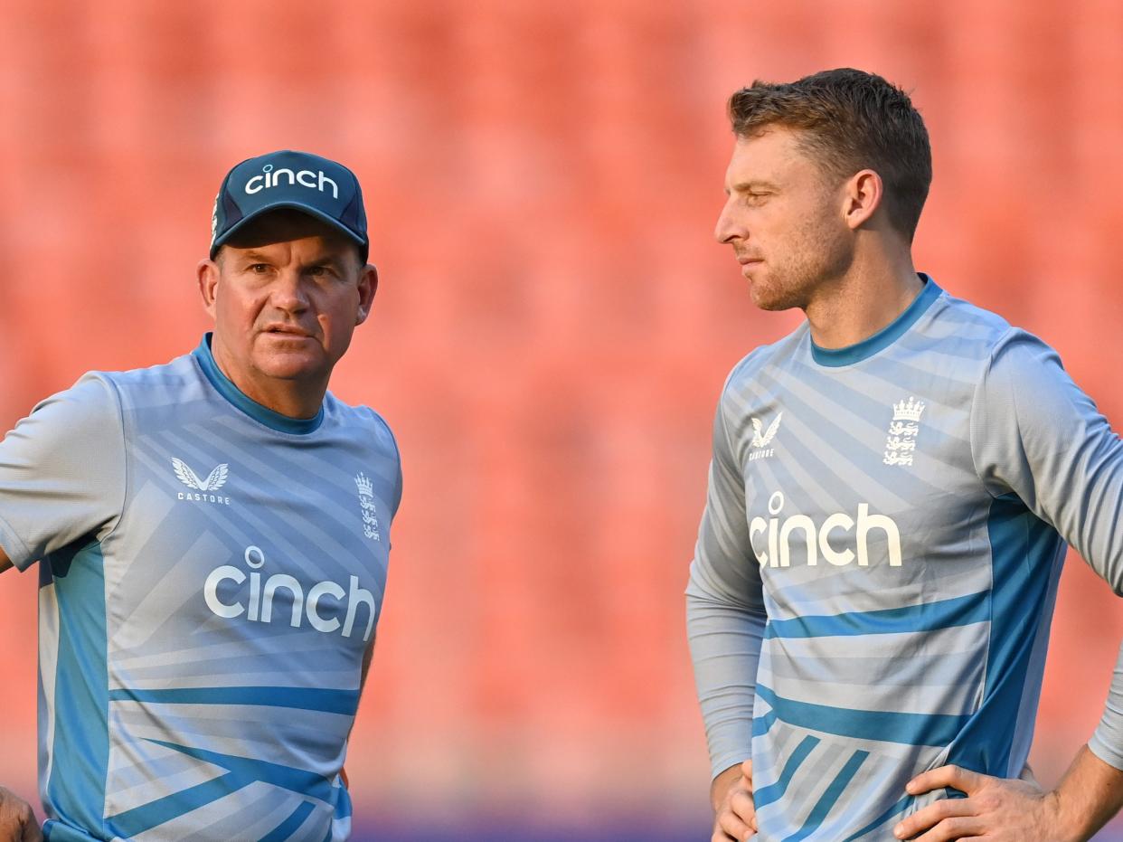 England captain Jos Buttler with coach Matthew Mott during a nets session at Narendra Modi Stadium (Getty Images)