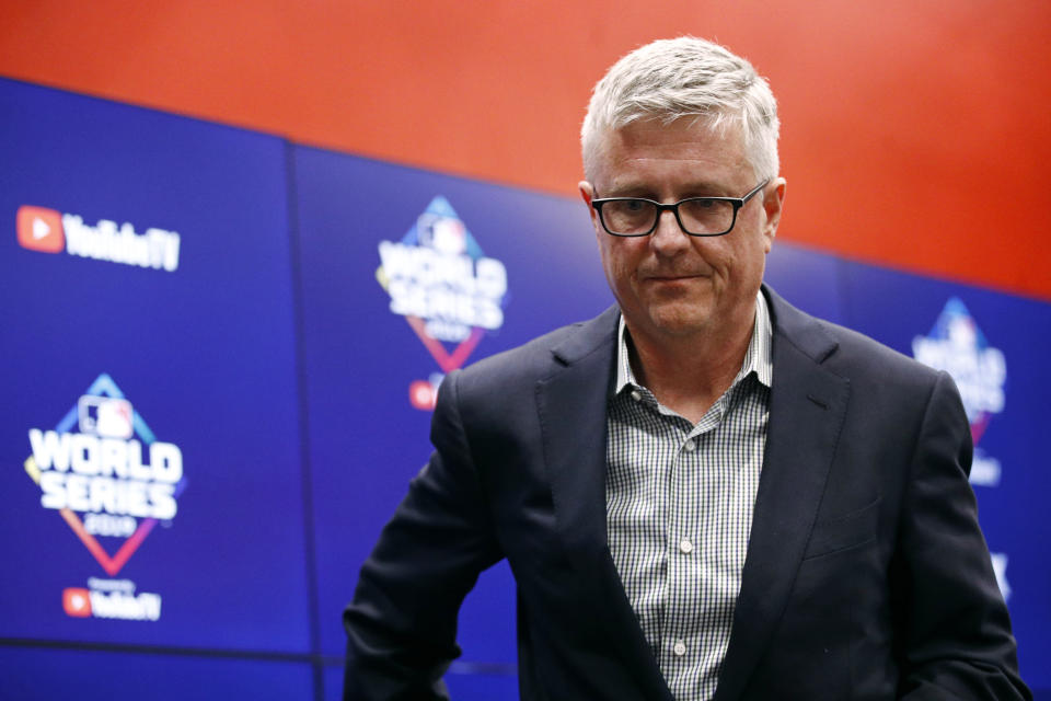 Houston Astros general manager Jeff Luhnow departs after speaking at a news conference Thursday, Oct. 24, 2019, in Washington. The Astros and the Washington Nationals are scheduled to play Game 3 of baseball's World Series on Friday. (AP Photo/Patrick Semansky)