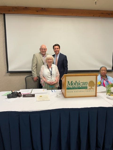 Karen McCready, 2021-22 BPW OHIO president, poses with Jim Justice, Ashland County commissioner, and Matt Miller, Ashland mayor.