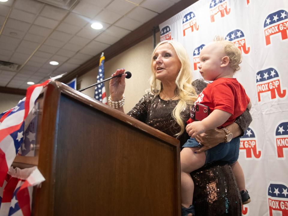 Rhonda Lee gives a victory speech at the GOP election party after wining the District 7 seat for Knox County Commission in Knoxville, Tenn on Thursday, August 4, 2022. 