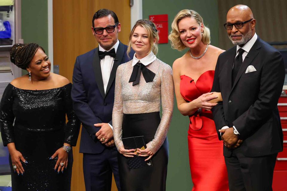 <p>Monica Schipper/WireImage</p> Chandra Wilson, Justin Chambers, Ellen Pompeo, Katherine Heigl and James Pickens Jr. at the Emmys