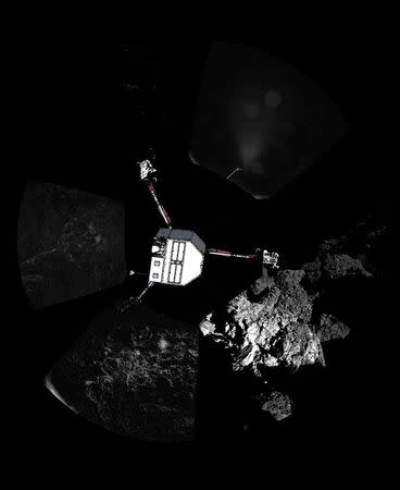 A panoramic image of the surface of Comet 67P/Churyumov–Gerasimenko captured by Rosetta’s lander Philae's CIVA-P imaging system, with a sketch of the lander in the configuration the lander team currently believe it is in superimposed on top, is seen in this European Space Agency (ESA) handout image released November 13, 2014. REUTERS/ESA/Rosetta/Philae/CIVA/Handout via Reuters