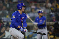 Chicago Cubs' Anthony Rizzo watches his two-run double during the sixth inning of the team's baseball game against the San Diego Padres, Tuesday, June 8, 2021, in San Diego. (AP Photo/Gregory Bull)