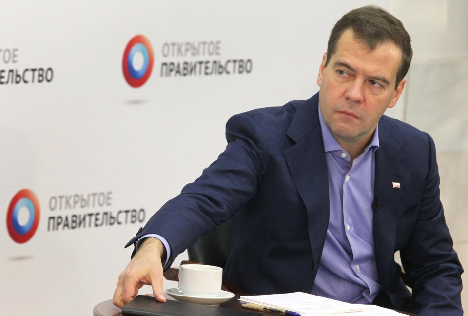 Russian Prime Minister Dmitry Medvedev speaks at a meeting with experts at the Higher School of Economics in Moscow on Wednesday, July 25, 2012. (AP Photo/RIA Novosti, Yekaterina Shtukina, Government Press service)