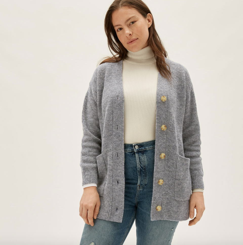 Everlane's The Oversized Alpaca Cardigan in Heathered Stone (Photo via Everlane)