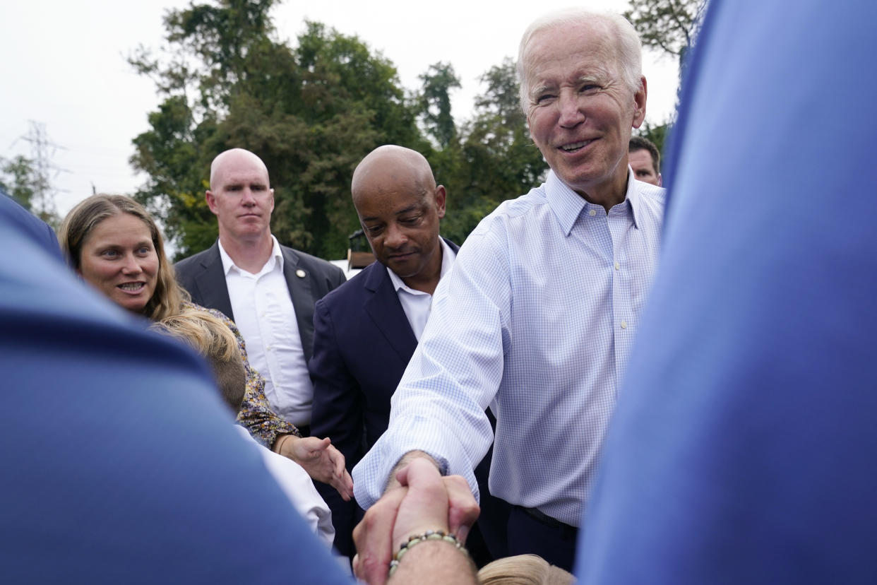 President Joe Biden greets people after speaking at a United Steelworkers of America Local Union 2227 event in West Mifflin, Pa., Monday, Sept. 5, 2022, to honor workers on Labor Day. (AP Photo/Susan Walsh)