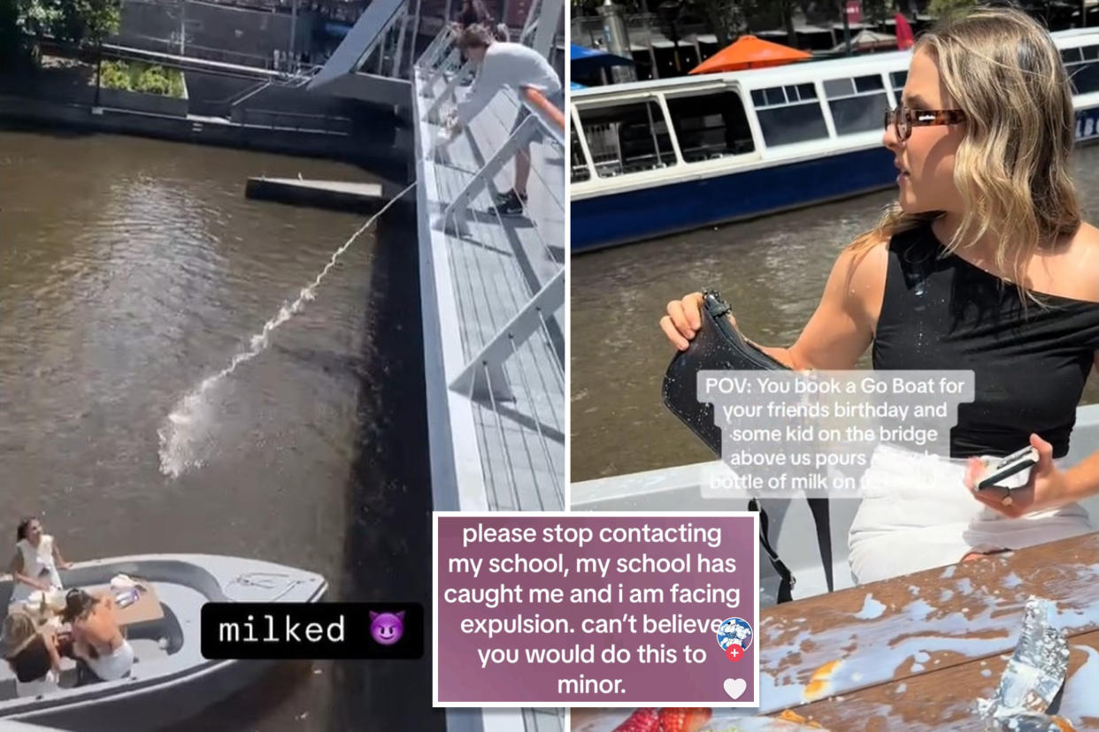 A young prankster was booted from his $20,000-a-year school after video he posted online shows him pouring milk on a group of women enjoying a boat ride.