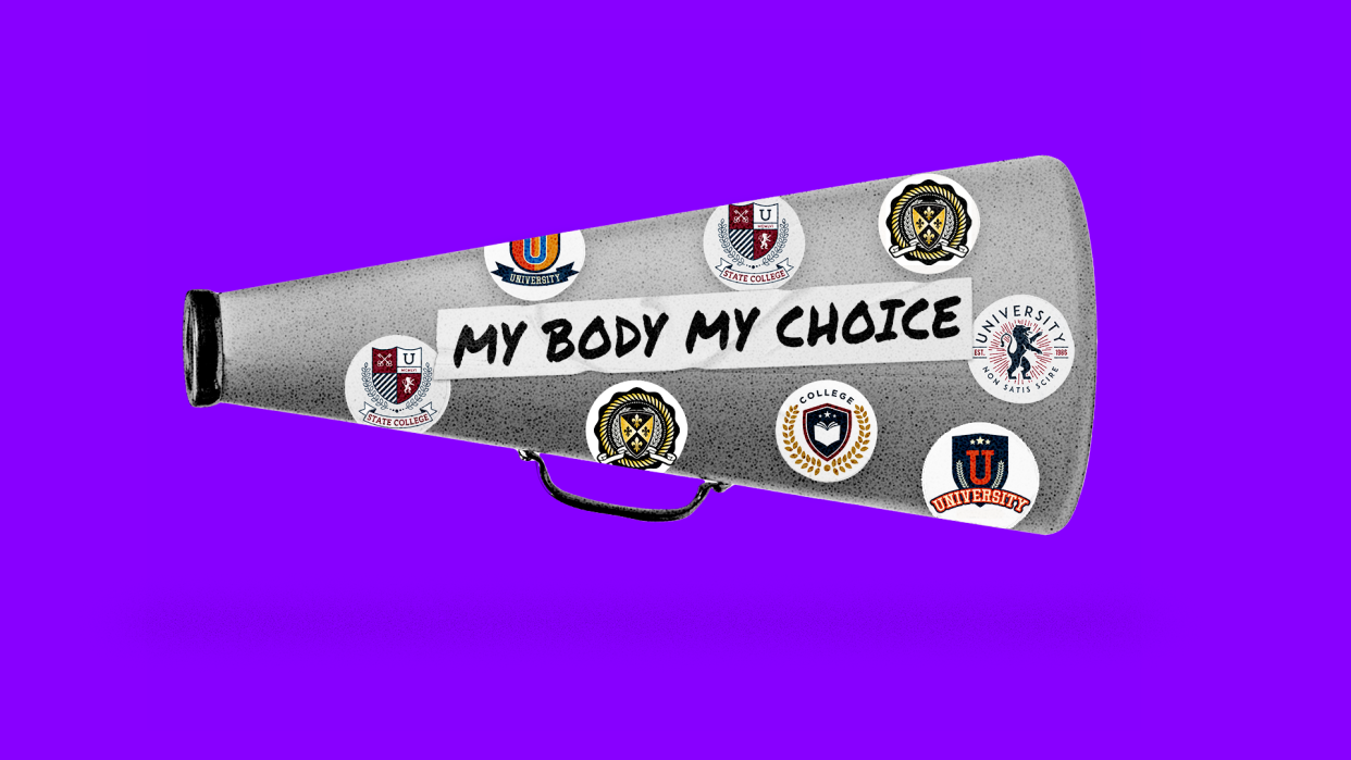 Megaphone emblazoned with college logos and words: My body, my choice.