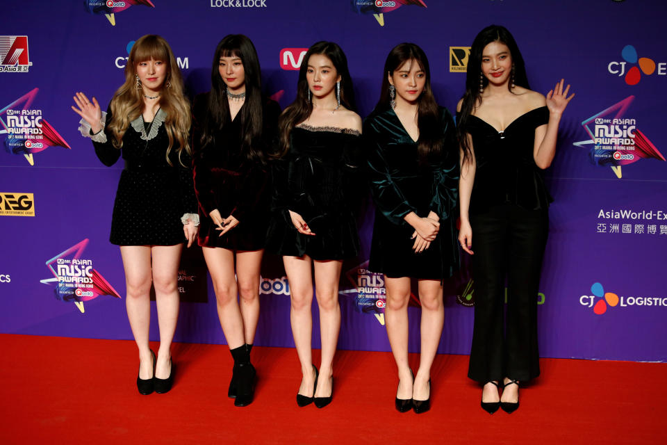 Members from South Korean K-pop group Red Velvet pose during the Mnet Asian Music Awards in Hong Kong