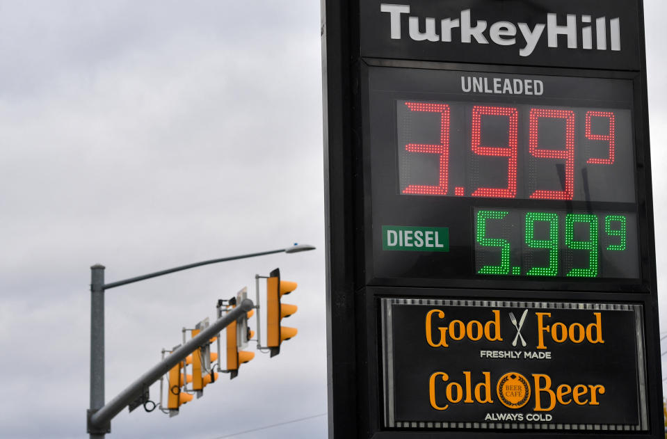 Gasoline prices are displayed at a gas station in Wilkes-Barre, Pennsylvania, U.S. October 19, 2022.  REUTERS/Aimee Dilger