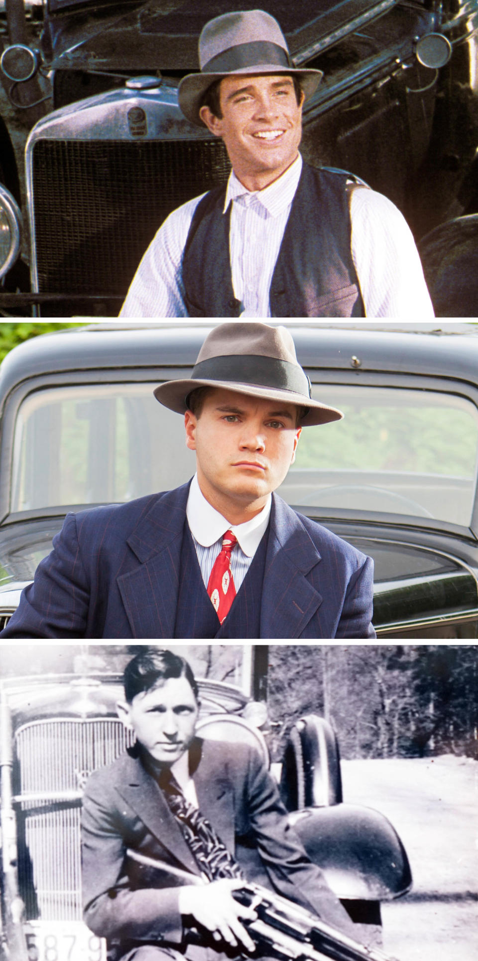 Side-by-sides of Warren Beatty, Emile Hirsch, and Clyde Barrow