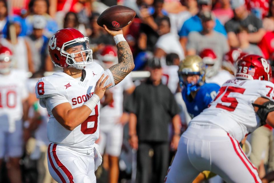 Sep 16, 2023; Tulsa, Oklahoma, USA; Oklahoma's Dillon Gabriel (8) throws a pass in the third quarter during an NCAA football game between University of Oklahoma (OU) and University of Tulsa at Skelly Field at H.A. Chapman Stadium. Mandatory Credit: Nathan J. Fish-USA TODAY Sports