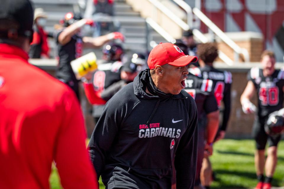 Ball State defensive coordinator Tyler Stockton cheers during the Cardinals' spring game in 2021.
