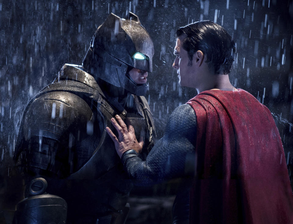 This image released by Warner Bros. Pictures shows Ben Affleck, left, and Henry Cavill in a scene from, "Batman v Superman: Dawn of Justice." The film received eight nominations for the 37th annual Razzie Awards on Monday, Jan. 23, 2017, including one for worst worst picture. The awards will be announced on Feb. 25. (Clay Enos/Warner Bros. Pictures via AP)