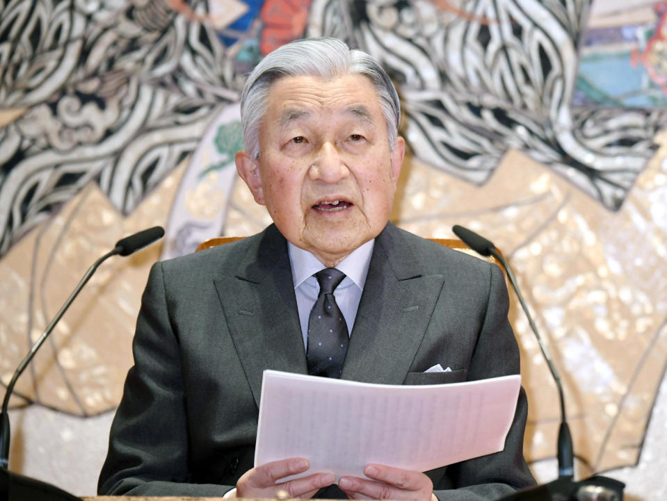 In this Dec. 20, 2018, photo, Japan's Emperor Akihito speaks during a press conference at the Imperial Palace in Tokyo. Emperor Akihito, marking his 85th birthday — his last before his upcoming abdication — said he feels relieved that his reign is coming to an end without having seen his country at war and that it is important to keep telling younger people about his nation's wartime history. (Kyodo News via AP)