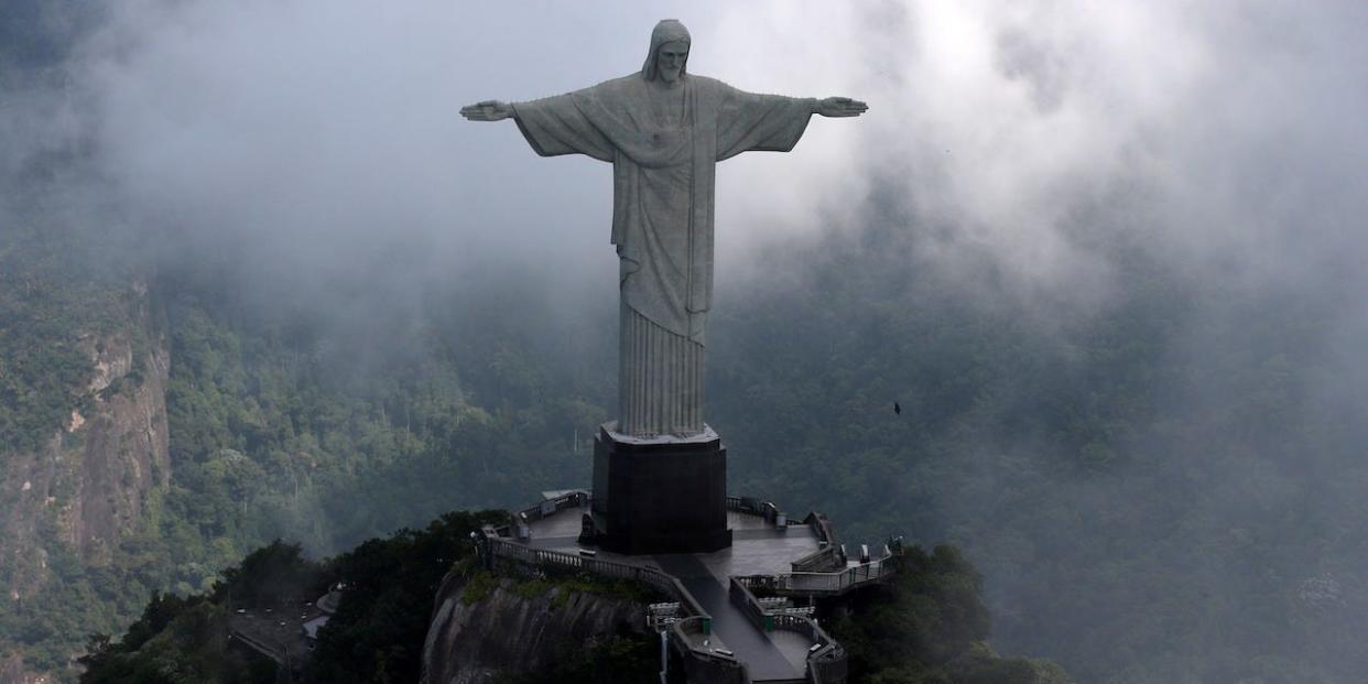 An aerial view shows the Christ the Redeemer statue in Rio de Janeiro on March 26, 2020.