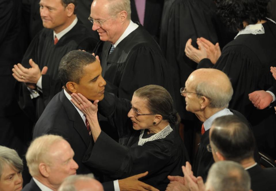 <div class="inline-image__caption"><p>Ruth Bader Ginsburg warmly greeted U.S. President Barack Obama prior to the president delivering his first State of the Union address at the U.S. Capitol in Washington, DC, January 27, 2010. </p></div> <div class="inline-image__credit">SAUL LOEB/Getty</div>