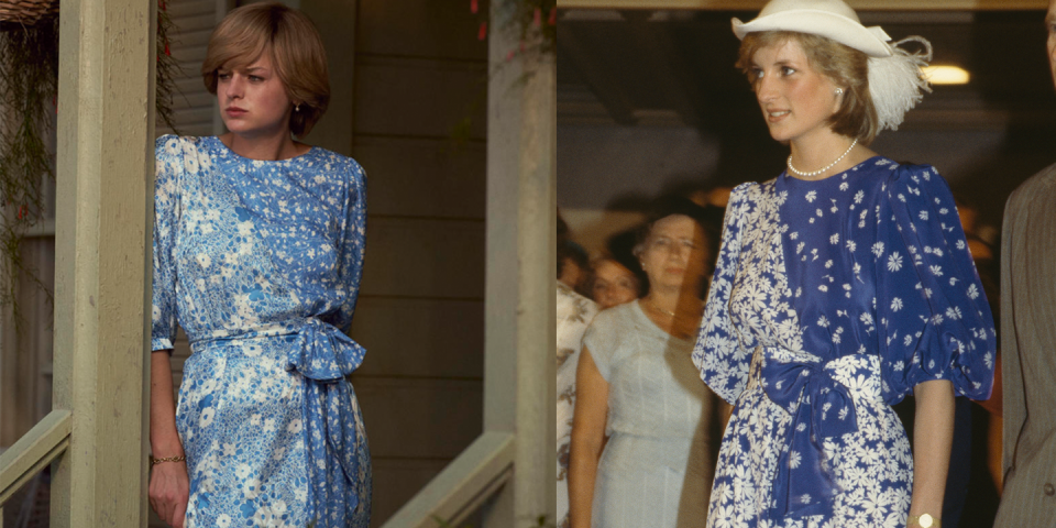 <p>Once again, the royal wore a Donald Campbell dress and John Boyd hat to an engagement on her Australian tour. This time, it was a belted blue and white number—which Corrin wore sans hat.</p>