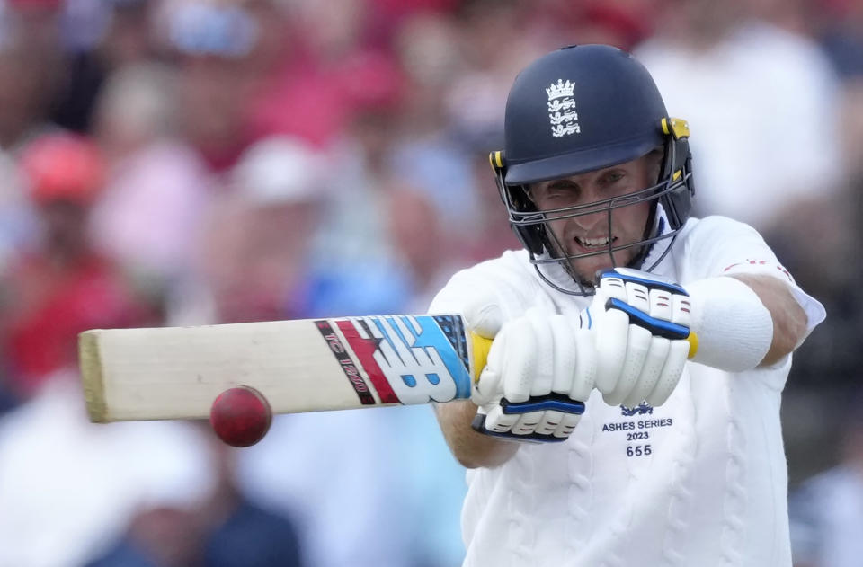 England's Joe Root bats during the second day of the second Ashes Test cricket match at Lord's Cricket Ground, London, England, Thursday, June 29, 2023. (AP Photo/Kirsty Wigglesworth)