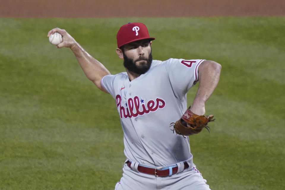 Philadelphia Phillies starting pitcher Jake Arrieta throws in the first inning of a baseball game against the New York Mets, Friday, Sept. 4, 2020, in New York. (AP Photo/John Minchillo)