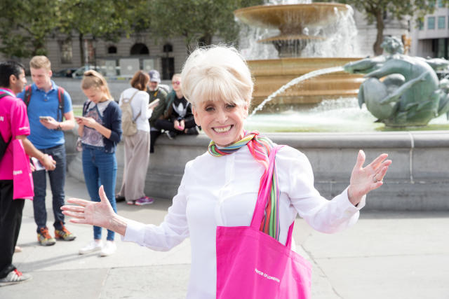 LONDON, ENGLAND - AUGUST 08: Dame Barbara Windsor DBE joins team London Ambassadors to show London is open to visitors from around the world at Trafalgar Square on August 8, 2016 in London, England. (Photo by Luca Teuchmann/WireImage)