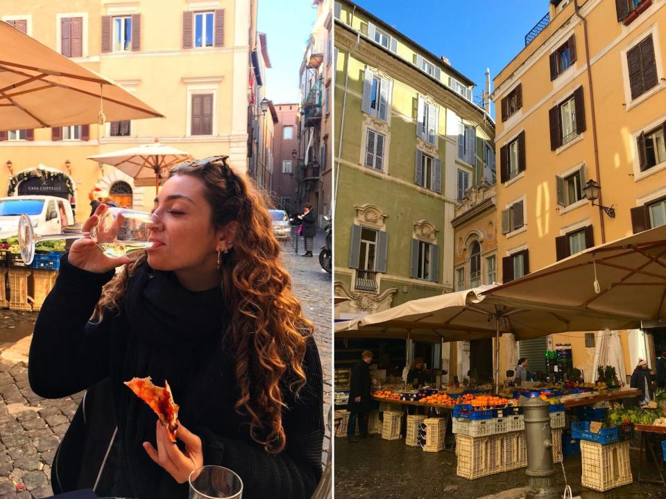 Girl sitting outside drinking from a wine glass with a pizza slice in her hand (L) and shot of food market in a square (R)