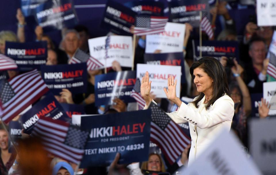 Former South Carolina Gov. Nikki Haley, who announced a 2024 run for U.S. President yesterday via Twitter, holds a rally with supporters at the Visitors Center in Charleston, S.C. Wednesday, Feb. 15, 2023.