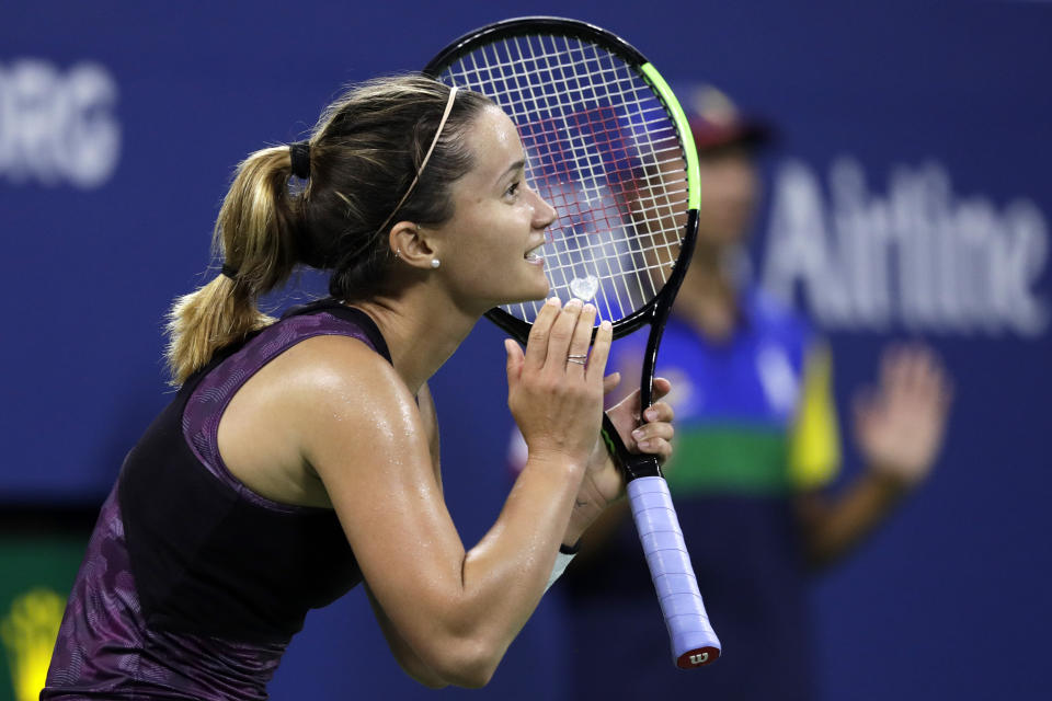 Lauren Davis reacts after her shot was called out against Ashleigh Barty, of Australia, during the second round of the U.S. Open tennis tournament Wednesday, Aug. 28, 2019, in New York. (AP Photo/Adam Hunger)