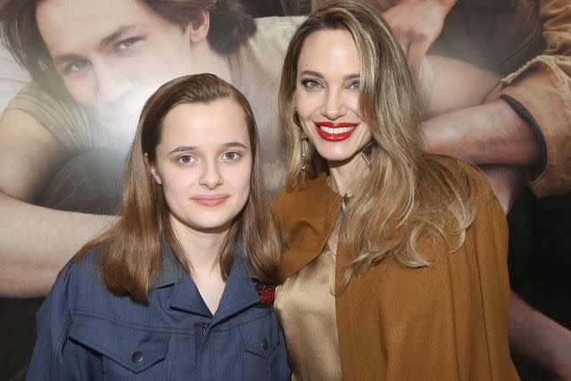 <p>Bruce Glikas/Getty</p> Angelina Jolie with daughter Vivienne at the opening night of 'The Outsiders' in April