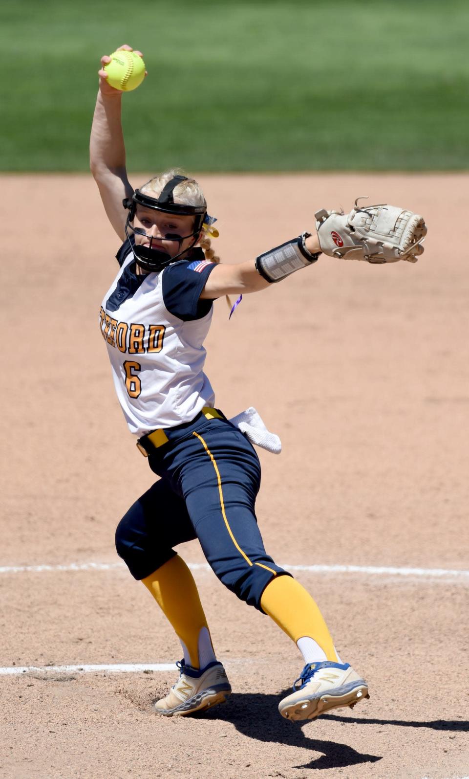 Unity Nelson of Whiteford sets to deliver a pitch against Mt. Pleasant Sacred Heart in the Division 4 state semifinals Friday, June 17, 2022 at Michigan State University. Nelson dominated to lead the Bobcats to a mercy win 10-0.