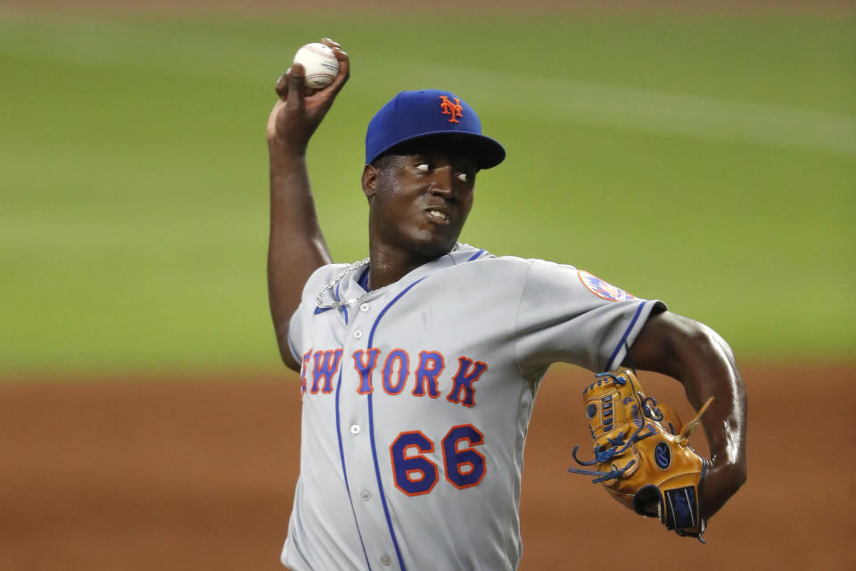 New York Mets relief pitcher Franklyn Kilome works in the sixth inning of the team's baseball game against the Atlanta Braves on Saturday, Aug. 1, 2020, in Atlanta. (AP Photo/John Bazemore)