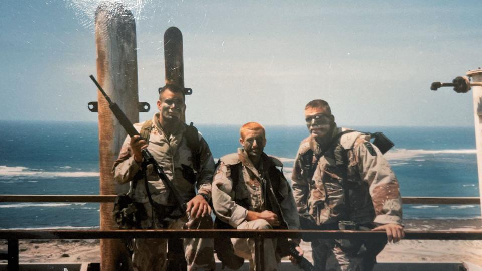 Members of 3rd Platoon during their 1993 deployment to Mogadishu, Somalia, left to right: Staff Sgt. David Green, Pvt. Robert Kirk, 2nd Lt. Bryan Puckett. (Photo courtesy of Bryan Puckett)
