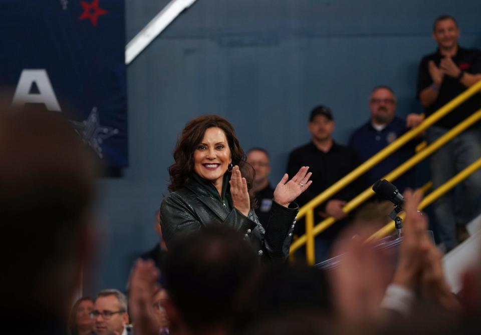 Gov. Gretchen Whitmer speaks at SK Siltron CSS in Bay City on Tuesday, Nov. 29, 2022, during a visit from President Joe Biden.