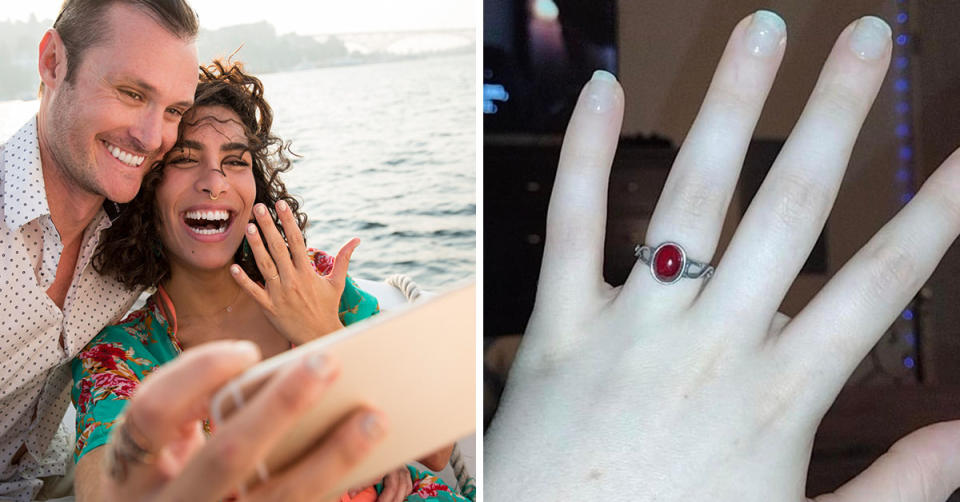 L: An engaged couple show off the ring while on a video call. R: A photo of a bride's pale hand with an engagement ring on it, with a red stone