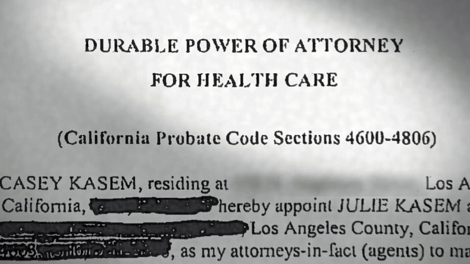 Video shot by Kerri Kasem shows Casey filling out a document that would give his children -- and not Jean -- the authority to be in charge of his future health care. 