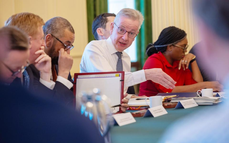 Michael Gove, the Levelling Up Secretary, addresses the Cabinet during a meeting in 10 Downing Street this morning