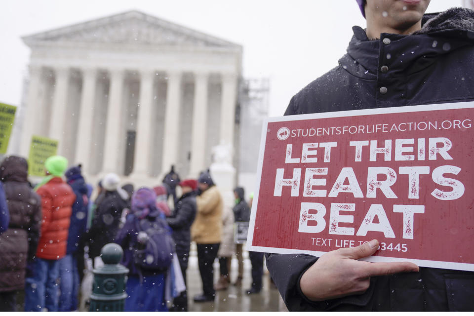 Anti-abortion activists march during the annual March for Life in front of the Supreme Court on Friday, Jan. 19, 2024, in Washington. (AP Photo/Mariam Zuhaib)