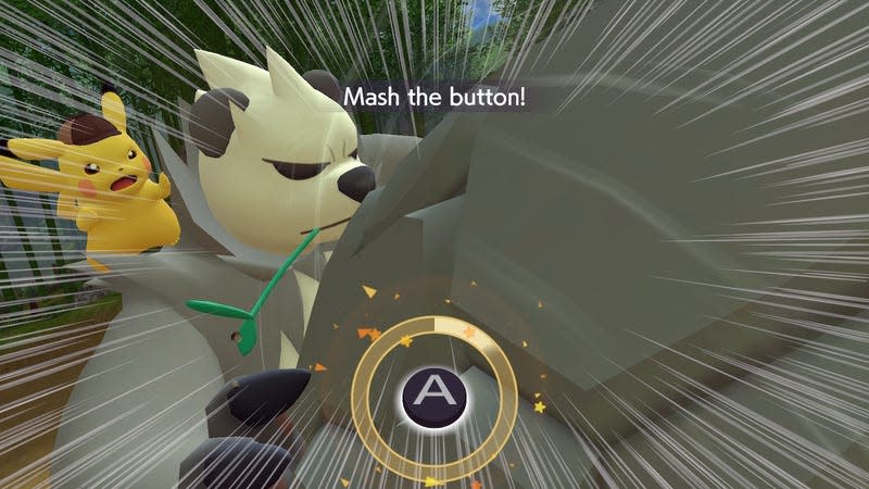 Pikachu stands on Pangoro's shoulder as he pushes a rock back and a prompt says to 