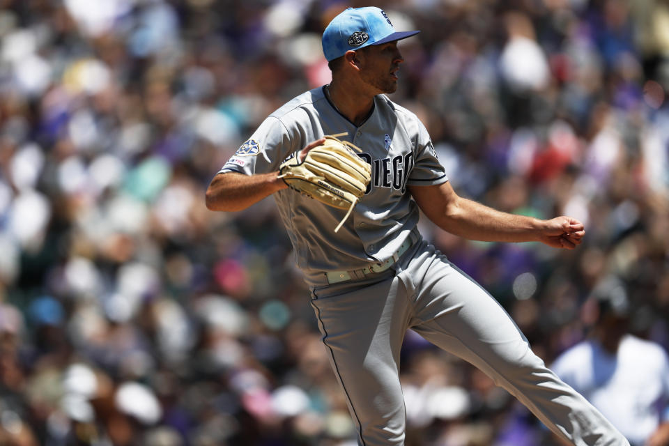 San Diego Padres starting pitcher Nick Margevicius works against the Colorado Rockies in the first inning of a baseball game Sunday, June 16, 2019, in Denver. (AP Photo/David Zalubowski)