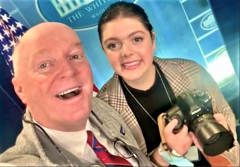 New York Times photographer Doug Mills, left, and Aurora High graduate Emily Hanna at the White House.